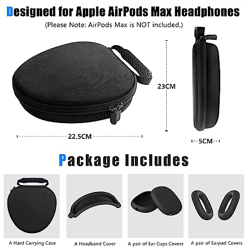 Hard Case for AirPods Max Headphone Supports Sleep Mode, Travel Carrying Case with AirPods Max Silicone Earpad Cover/Ear Cups Cover/Headband Cover, AirPods Max Protective Portable Storage Bag (Black)