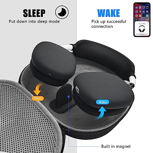 Hard Case for AirPods Max Headphone Supports Sleep Mode, Travel Carrying Case with AirPods Max Silicone Earpad Cover/Ear Cups Cover/Headband Cover, AirPods Max Protective Portable Storage Bag (Black)