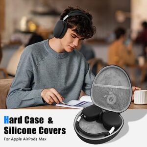 Hard Case for AirPods Max Headphone Supports Sleep Mode, Travel Carrying Case with AirPods Max Silicone Earpad Cover/Ear Cups Cover/Headband Cover, AirPods Max Protective Portable Storage Bag (Black)