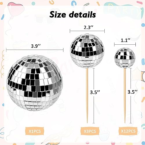 16 PCS Disco Ball Cake Toppers 3 Sizes Mini Disco Balls 70's Cupcake Picks Small Disco Ball Table Centerpiece for 1970s Disco Music Birthday Hip Hop Dance Theme Party Decorations Supplies