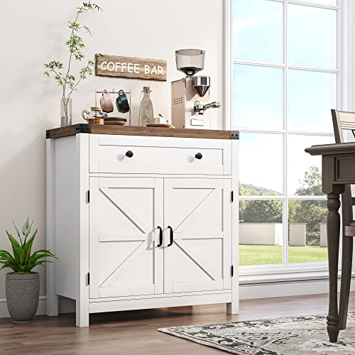 HOSTACK Coffee Bar Cabinet, Modern Farmhouse Buffet Sideboard with Drawer and Adjustable Shelf, Barn Door Storage Cabinet for Kitchen, Dining Room, Bathroom, Entryway, White