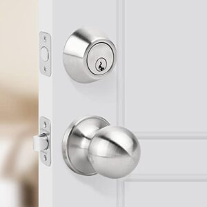 loqron passage ball door knob and single cylinder deadbolt lock combo set security for front door hallway/closet with satin nickel finish