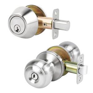 loqron keyless privacy door knob and single cylinder deadbolt lock combo set security for front door bedroom/bathroom satin nickel finish