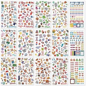 perkoop 30 sheets 1500+ pieces monthly planner stickers vintage seasonal sticker pack holiday calendar stickers planner accessories daily journal stickers for journaling scrapbook budget, 15 styles