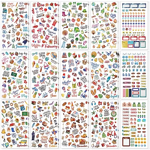 Perkoop 30 Sheets 1500+ Pieces Monthly Planner Stickers Vintage Seasonal Sticker Pack Holiday Calendar Stickers Planner Accessories Daily Journal Stickers for Journaling Scrapbook Budget, 15 Styles