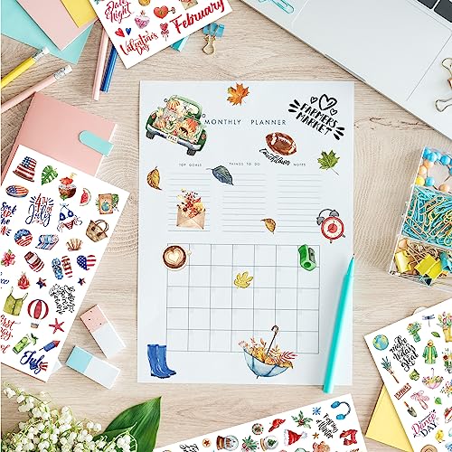Perkoop 30 Sheets 1500+ Pieces Monthly Planner Stickers Vintage Seasonal Sticker Pack Holiday Calendar Stickers Planner Accessories Daily Journal Stickers for Journaling Scrapbook Budget, 15 Styles