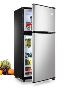 krib bling mini fridge with freezer,3.5 cu. ft compact refrigerator with 2 doors,7- level adjustable thermostat, removable glass shelves for bedroom, office, kitchen, apartment, dorm, silver
