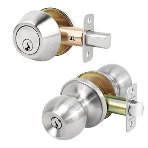 loqron key entry ball door knob and single cylinder deadbolt lock combo set security for entrance and front door with satin nickel finish
