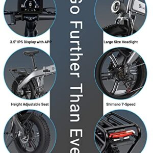 Luckeep Folding Electric Bike for Adults, 750W BAFANG Motor, 48V 15AH Battery, 30MPH 60Miles Range, Hydraulic Disc Brake, APP Control, Keyless Control 20*4" Fat Tire Foldable Ebike, Shimano 7-Speed UL