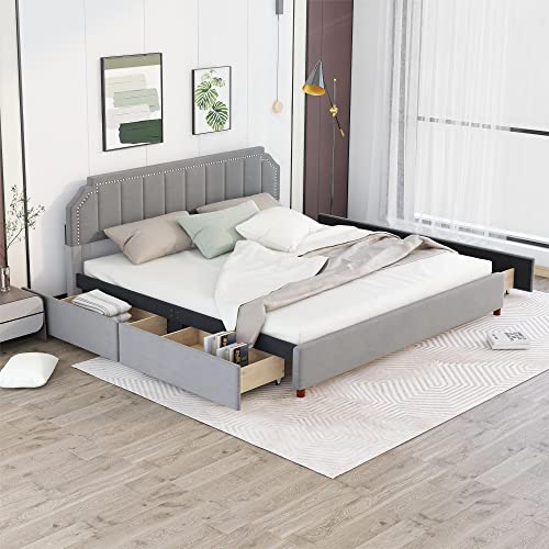 BIADNBZ King Size Upholstery Platform Bed with Four Storage Drawers, Velvet&Wooden Bedframe w/Headboard and Support Legs, Grey