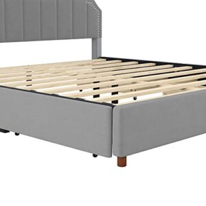 BIADNBZ King Size Upholstery Platform Bed with Four Storage Drawers, Velvet&Wooden Bedframe w/Headboard and Support Legs, Grey