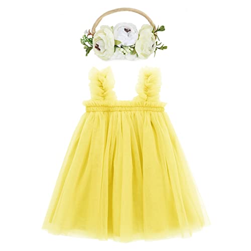 Durio Tutu Dresses for Toddler Girls Birthday Outfit Girl Baby Girl Tulle Dress Infant Dress with Flower Headband Yellow 2-3 Years