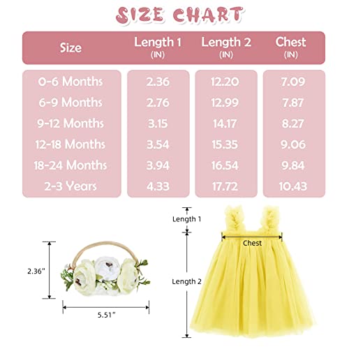 Durio Tutu Dresses for Toddler Girls Birthday Outfit Girl Baby Girl Tulle Dress Infant Dress with Flower Headband Yellow 2-3 Years