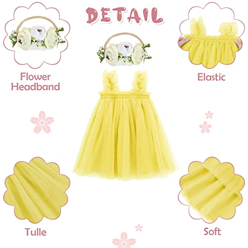 Durio Tutu Dresses for Toddler Girls Birthday Outfit Girl Baby Girl Tulle Dress Infant Dress with Flower Headband Yellow 2-3 Years