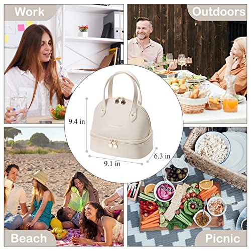 BAKLUCK Lunch Bag Women, Insulated Lunch Box Bag Compact Size with Large Capacity Lunch Tote Bag, Simple Modern Double Decker Waterproof PU Leather - Beige Lunch Bag for Work, Picnic, Travel