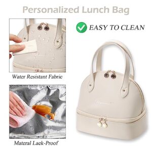 BAKLUCK Lunch Bag Women, Insulated Lunch Box Bag Compact Size with Large Capacity Lunch Tote Bag, Simple Modern Double Decker Waterproof PU Leather - Beige Lunch Bag for Work, Picnic, Travel