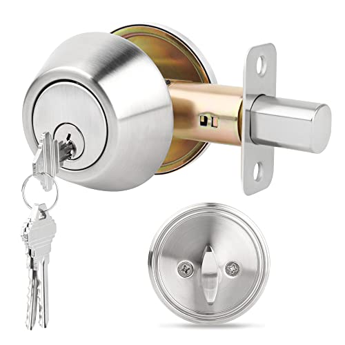 LOQRON Keyless Privacy Ball Door Knob and Single Cylinder Deadbolt Lock Combo Set Security for Front Door Bedroom/Bathroom Satin Nickel Finish