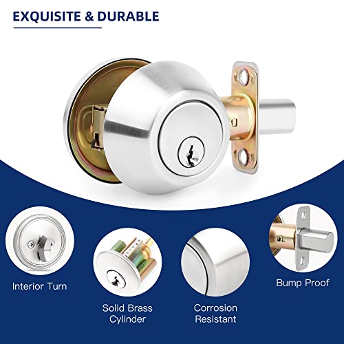 LOQRON Keyless Privacy Ball Door Knob and Single Cylinder Deadbolt Lock Combo Set Security for Front Door Bedroom/Bathroom Satin Nickel Finish