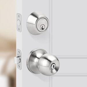 LOQRON Keyless Privacy Ball Door Knob and Single Cylinder Deadbolt Lock Combo Set Security for Front Door Bedroom/Bathroom Satin Nickel Finish