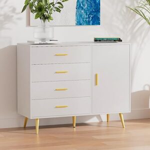 lynsom white storage cabinet with 4 drawers, free standing sideboard cabinet with door and shelf, printer stand for home office, accent cabinet for living room, bedroom, entryway, hallway