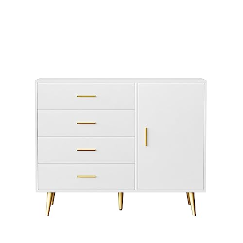 LYNSOM White Storage Cabinet with 4 Drawers, Free Standing Sideboard Cabinet with Door and Shelf, Printer Stand for Home Office, Accent Cabinet for Living Room, Bedroom, Entryway, Hallway