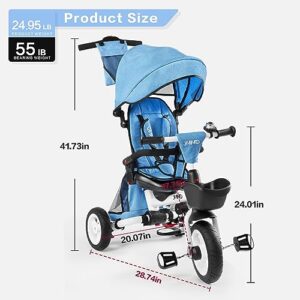 JMMD Baby Tricycle, 7-in-1 Folding Kids Trike with Adjustable Parent Handle, Safety Harness & Wheel Brakes, Removable Canopy, Storage, Stroller Bike Gift for Toddlers 18 Months - 5 Years(Blue)