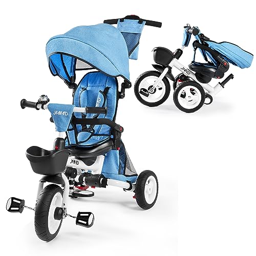 JMMD Baby Tricycle, 7-in-1 Folding Kids Trike with Adjustable Parent Handle, Safety Harness & Wheel Brakes, Removable Canopy, Storage, Stroller Bike Gift for Toddlers 18 Months - 5 Years(Blue)