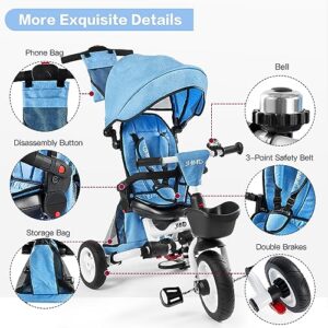 JMMD Baby Tricycle, 7-in-1 Folding Kids Trike with Adjustable Parent Handle, Safety Harness & Wheel Brakes, Removable Canopy, Storage, Stroller Bike Gift for Toddlers 18 Months - 5 Years(Blue)