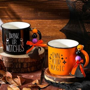 roshtia 2 pcs halloween mini coffee mug with wood bead ornaments fall tiered tray decoration witch ceramic mini coffee cups halloween table centerpieces with orange bow for housewarming gift
