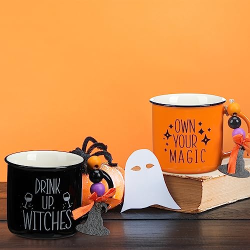 Roshtia 2 Pcs Halloween Mini Coffee Mug with Wood Bead Ornaments Fall Tiered Tray Decoration Witch Ceramic Mini Coffee Cups Halloween Table Centerpieces with Orange Bow for Housewarming Gift