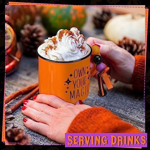 Roshtia 2 Pcs Halloween Mini Coffee Mug with Wood Bead Ornaments Fall Tiered Tray Decoration Witch Ceramic Mini Coffee Cups Halloween Table Centerpieces with Orange Bow for Housewarming Gift