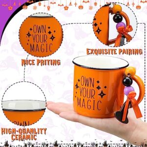 Roshtia 2 Pcs Halloween Mini Coffee Mug with Wood Bead Ornaments Fall Tiered Tray Decoration Witch Ceramic Mini Coffee Cups Halloween Table Centerpieces with Orange Bow for Housewarming Gift