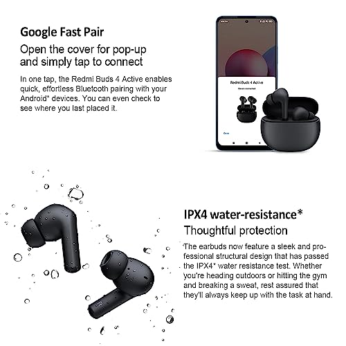 Xiaomi Redmi Buds 4 Active TWS Wireless Earbuds, Bluetooth 5.3 Low-Latency Game Headset with AI Call Noise Cancelling, IP54 Waterproof, 28H Playtime, Lightweight Comfort Fit Headphones, Black