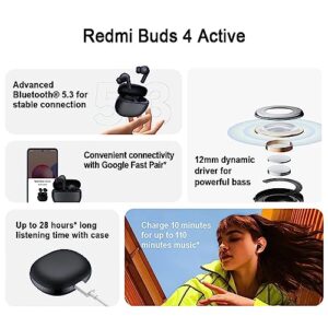 Xiaomi Redmi Buds 4 Active TWS Wireless Earbuds, Bluetooth 5.3 Low-Latency Game Headset with AI Call Noise Cancelling, IP54 Waterproof, 28H Playtime, Lightweight Comfort Fit Headphones, Black