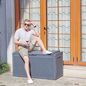 YITAHOME 100 Gallon Large Resin Deck Box Outdoor Storage with Cushion & Keter Solana 70 Gallon Storage Bench Deck Box for Patio Furniture, Front Porch Decor and Outdoor Seating