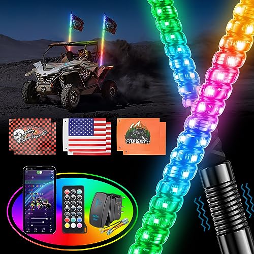 Ehaho 2PCS 3FT Whip Lights for UTV ATV with Spring Base, Tripled Brighter Led Whip Light W/Rocker Switch & 6 Flags, Spiral Chasing Lighted Antenna Whip with APP & Remote Control for RZR SXS Can-Am