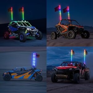 Ehaho 2PCS 3FT Whip Lights for UTV ATV with Spring Base, Tripled Brighter Led Whip Light W/Rocker Switch & 6 Flags, Spiral Chasing Lighted Antenna Whip with APP & Remote Control for RZR SXS Can-Am