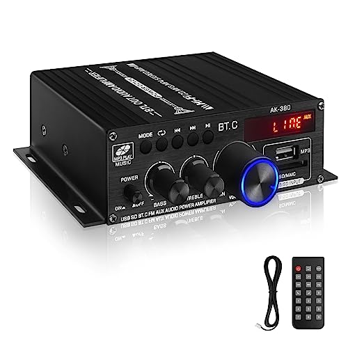 Bluetooth 5.0 Audio Power Amplifier AK-380 400W+400W 2.0 CH HiFi Stereo Amp Receiver with USB,SD,AUX,Remote Control,FM Antenna for Car Home Speaker Bar Party-(Without Power Adapter)