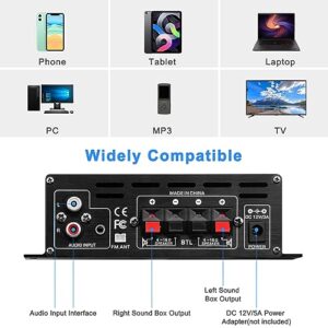 Bluetooth 5.0 Audio Power Amplifier AK-380 400W+400W 2.0 CH HiFi Stereo Amp Receiver with USB,SD,AUX,Remote Control,FM Antenna for Car Home Speaker Bar Party-(Without Power Adapter)