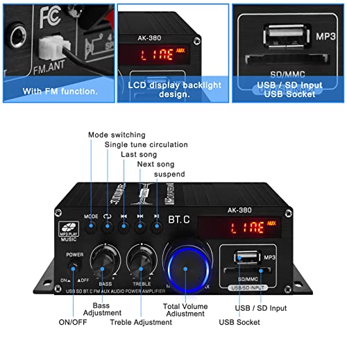 Bluetooth 5.0 Audio Power Amplifier AK-380 400W+400W 2.0 CH HiFi Stereo Amp Receiver with USB,SD,AUX,Remote Control,FM Antenna for Car Home Speaker Bar Party-(Without Power Adapter)