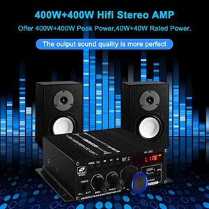 Bluetooth 5.0 Audio Power Amplifier AK-380 400W+400W 2.0 CH HiFi Stereo Amp Receiver with USB,SD,AUX,Remote Control,FM Antenna for Car Home Speaker Bar Party-(Without Power Adapter)