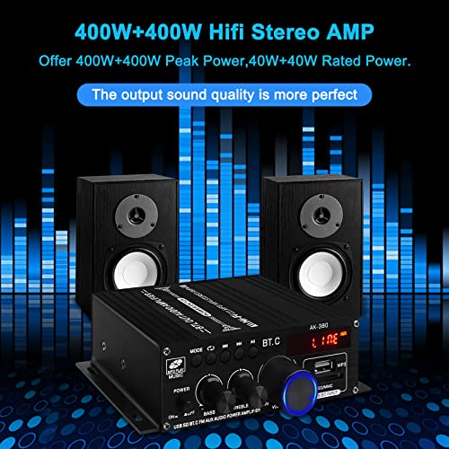 Bluetooth 5.0 Audio Power Amplifier AK-380 400W+400W 2.0 CH HiFi Stereo Amp Receiver with USB,SD,AUX,Remote Control,FM Antenna for Car Home Speaker Bar Party-(Without Power Adapter)