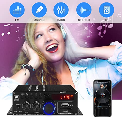 Bluetooth 5.0 Audio Power Amplifier AK-380 400W+400W 2.0 CH HiFi Stereo Amp Receiver with USB,SD,AUX,Remote Control,FM Antenna for Car Home Speaker Bar Party-(Without Power Adapter)