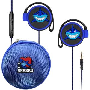 gogosinis earbuds set with case for kids for school, wired over-ear 3.5mm headphones for phone and pc, wrap around ear buds with earhook for kids 3-8, comfortable earphones with hook.(blue-shark)