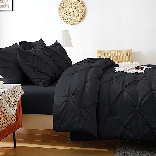 JOLLYVOGUE Black Bed in a Bag 7-Pieces, King Comforter Set for All Season, Pintuck Bedding Sets with 1 Comforter, 1 Flat Sheet, 1 Fitted Sheet, 2 Pillowcases & 2 PillowShams