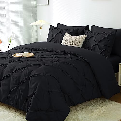 JOLLYVOGUE Black Bed in a Bag 7-Pieces, King Comforter Set for All Season, Pintuck Bedding Sets with 1 Comforter, 1 Flat Sheet, 1 Fitted Sheet, 2 Pillowcases & 2 PillowShams