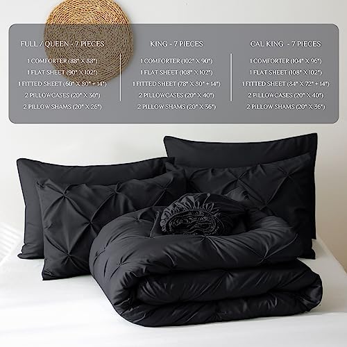 JOLLYVOGUE Black Bed in a Bag 7-Pieces, King Comforter Set for All Season, Pintuck Bedding Sets with 1 Comforter, 1 Flat Sheet, 1 Fitted Sheet, 2 Pillowcases & 2 PillowShams