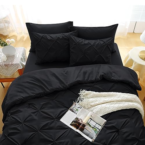 JOLLYVOGUE Black Bed in a Bag 7-Pieces, King Comforter Set for All Season, Pintuck Bedding Sets with 1 Comforter, 1 Flat Sheet, 1 Fitted Sheet, 2 Pillowcases & 2 PillowShams