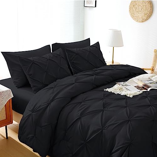 JOLLYVOGUE Black Bed in a Bag 7-Pieces, King Comforter Set for All Season, Pintuck Bedding Sets with 1 Comforter, 1 Flat Sheet, 1 Fitted Sheet, 2 Pillowcases & 2 PillowShams