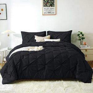 JOLLYVOGUE Black Bed in a Bag 7-Pieces, King Comforter Set for All Season, Pintuck Bedding Sets with 1 Comforter, 1 Flat Sheet, 1 Fitted Sheet, 2 Pillowcases & 2 PillowShams